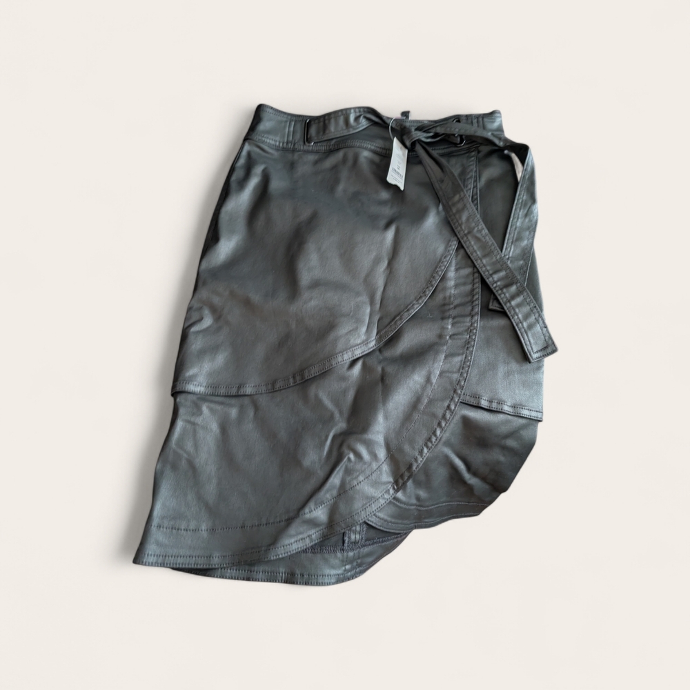 Black Faux Leather Wrap Skirt